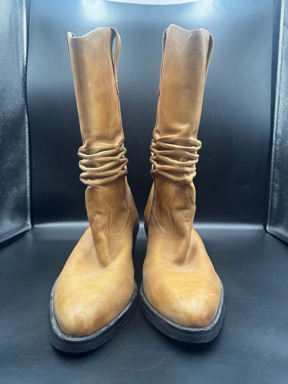 HB Agabe Tan Leather Ruched Western Cowboy Boots Size 45